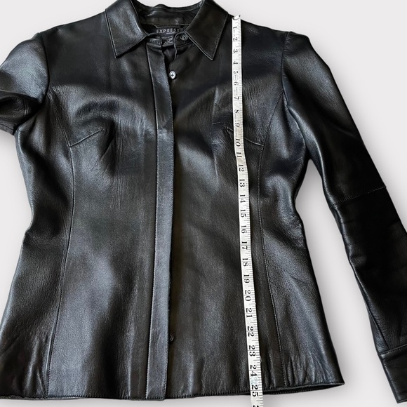 90s Express Leather Moto Fitted Shirt Light Jacket Button Front Black M - Picture 7 of 9